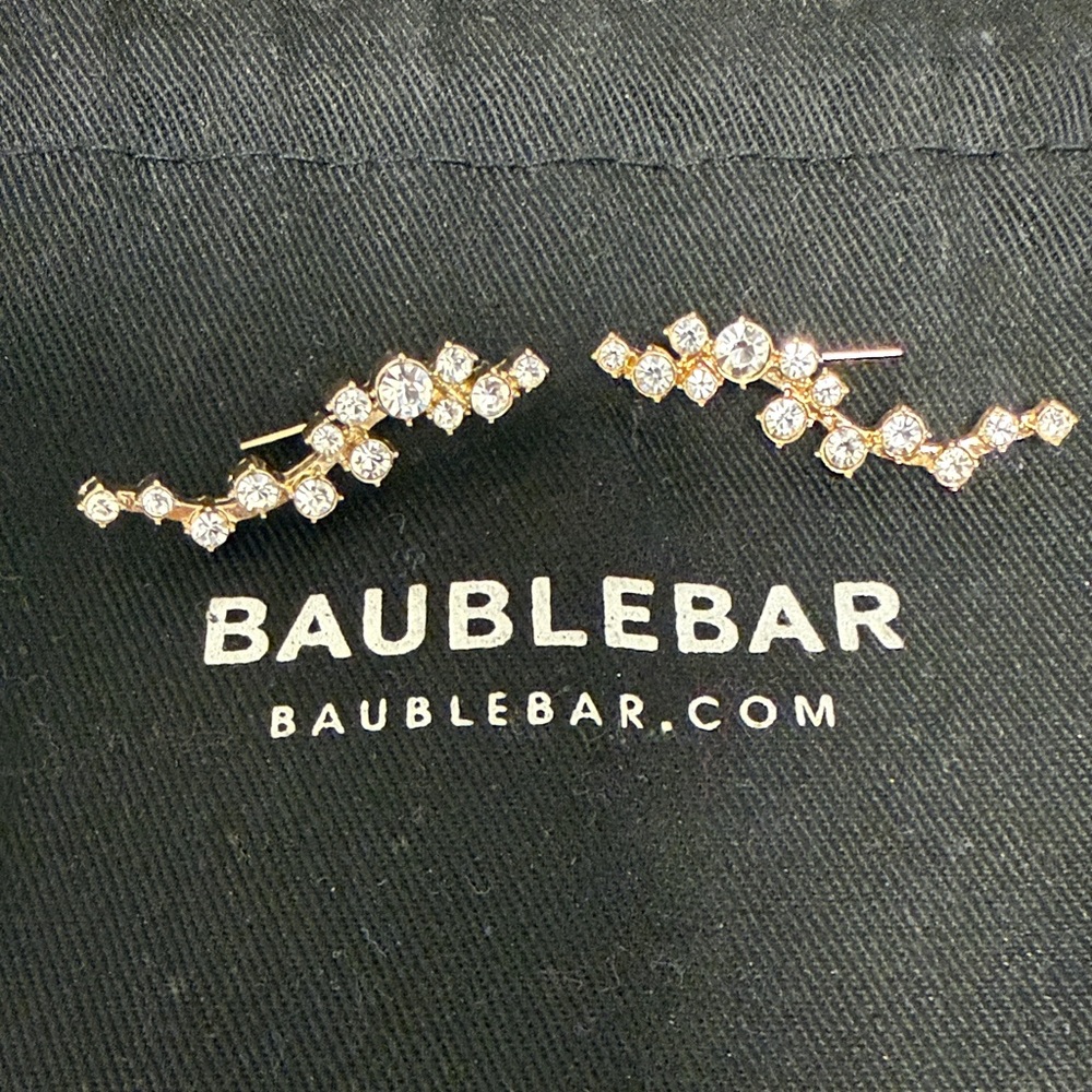 BaubleBar Crystal Crawler Earrings Gold Lightning Bolt ZigZag Ear Cuff Sparkle - Picture 3 of 5